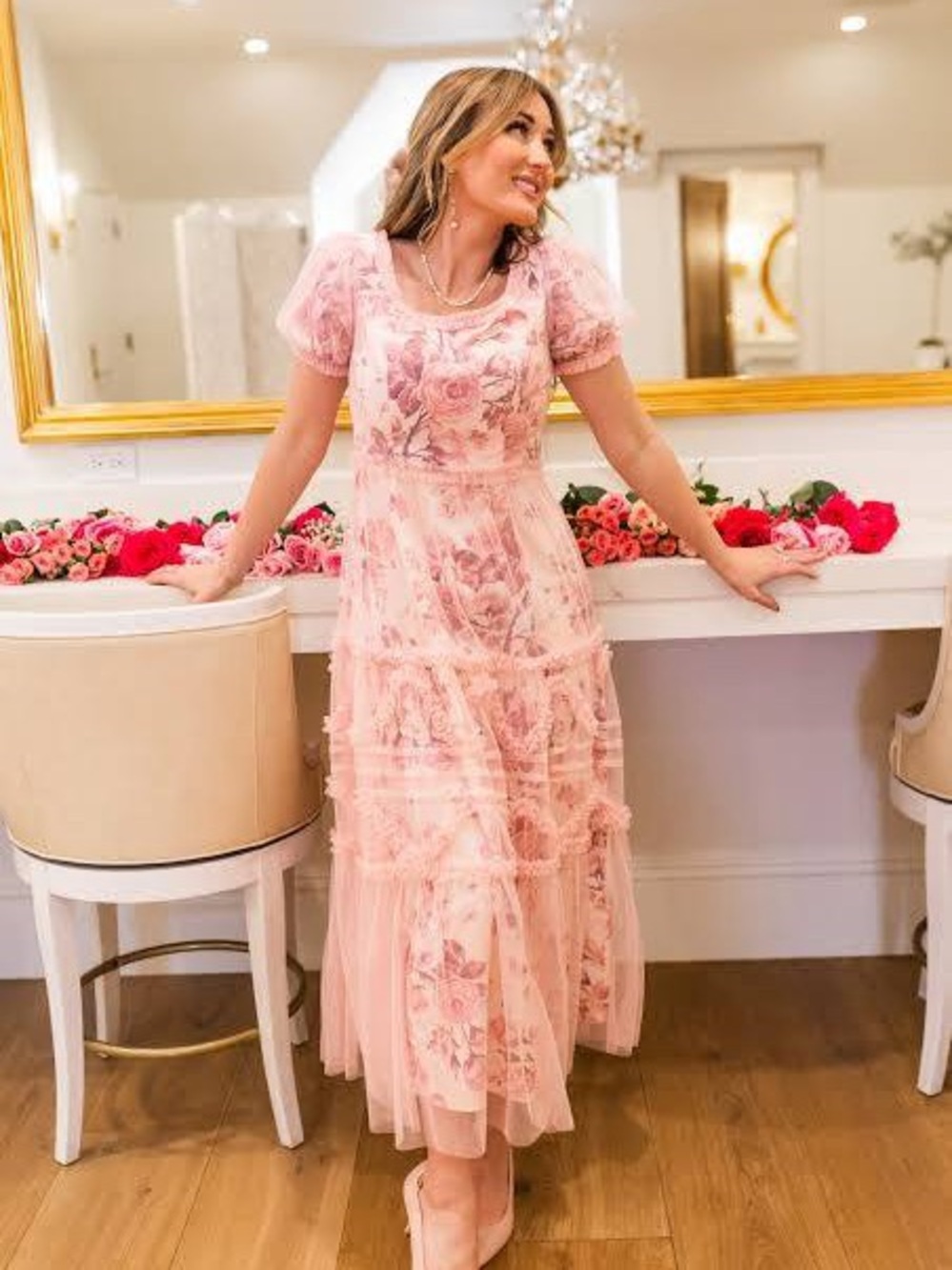 Ivy City Co Blush Pink Floral Tiered Midi Dress
